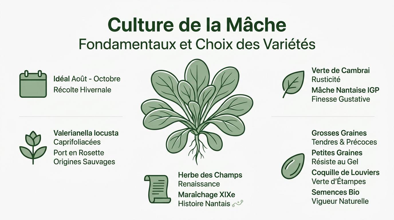 Infographie pratique sur les étapes de culture et les variétés de mâche au potager