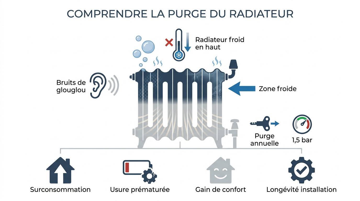 Schéma technique des zones d'air dans un radiateur en fonte