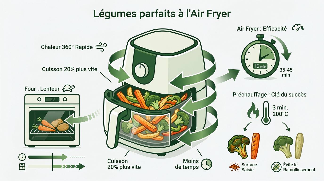 Infographie des temps de cuisson et astuces pour légumes parfaits au air fryer