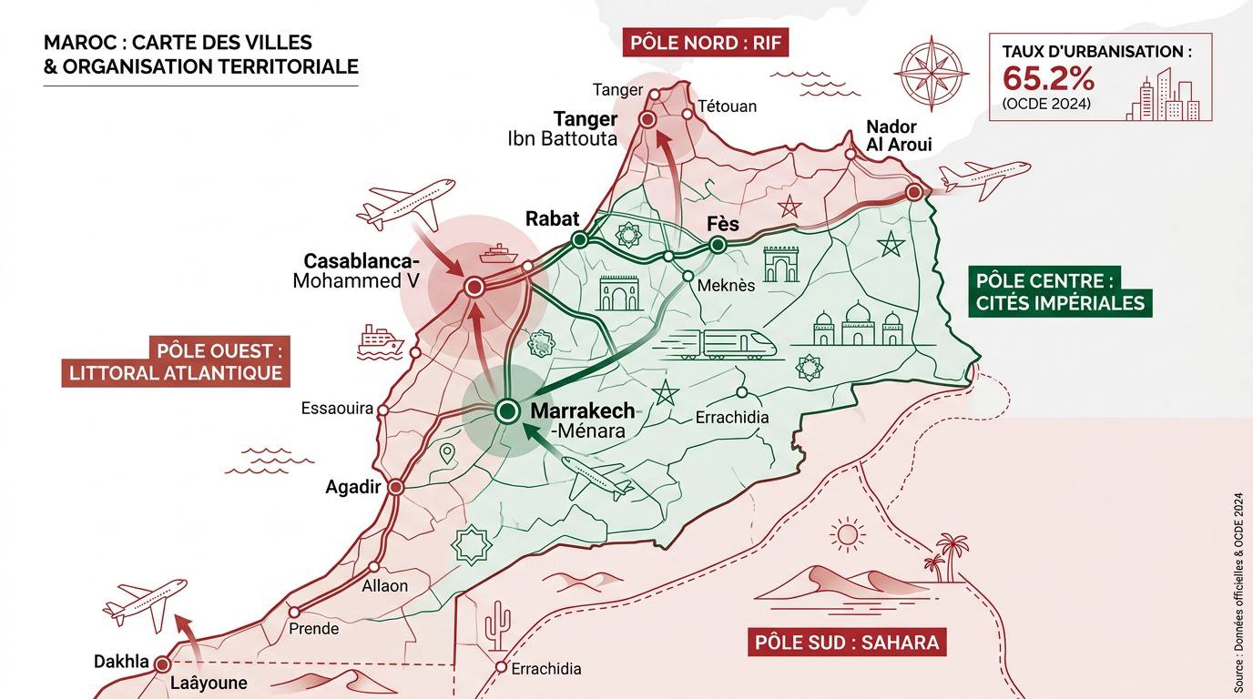 Carte des principales villes et régions administratives du Maroc