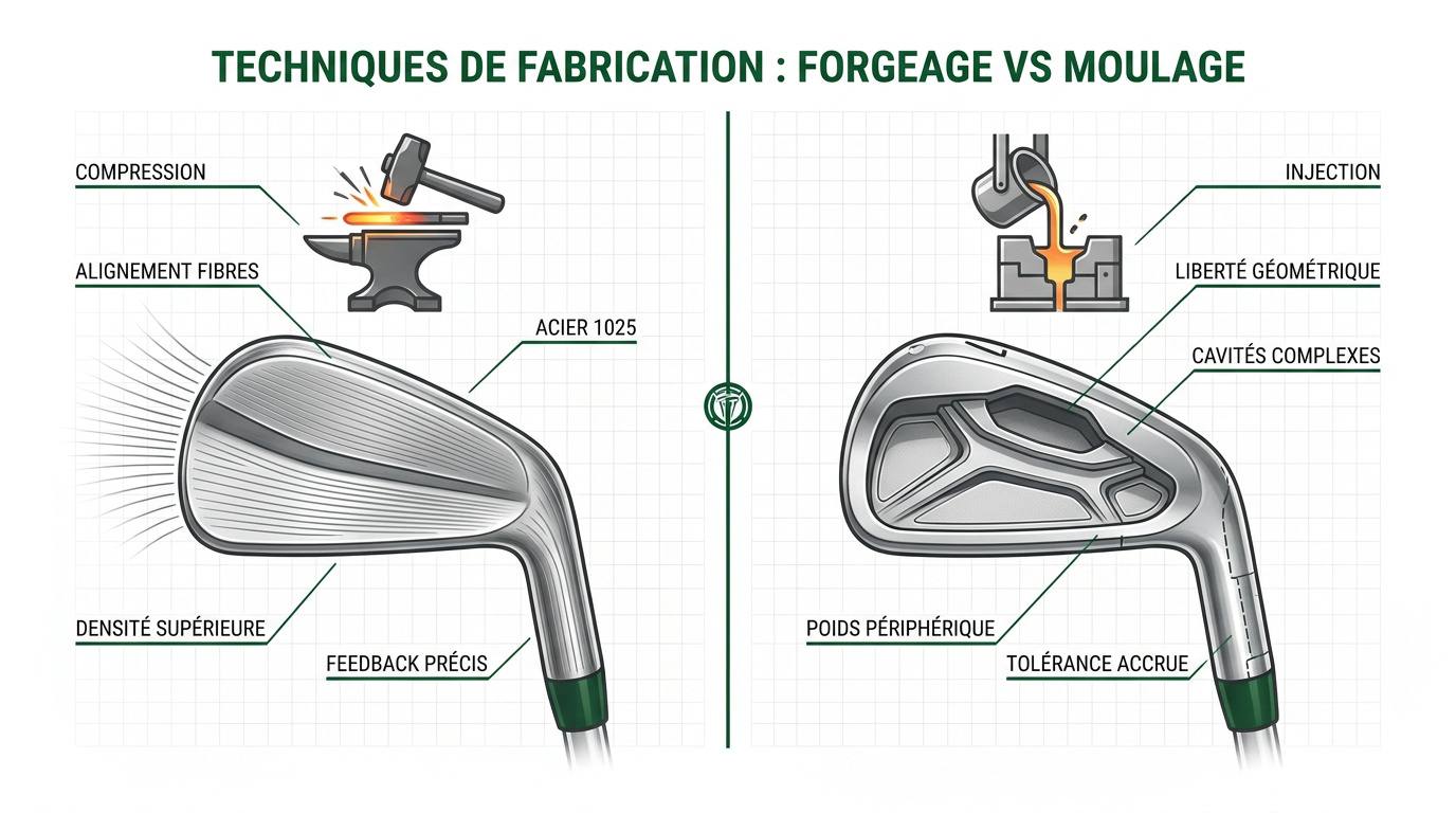 Comparaison structurelle entre une tête de fer forgée et une tête moulée montrant les fibres métalliques et les cavités