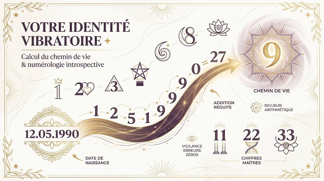 Infographie expliquant le calcul du chemin de vie et l'identité vibratoire en numérologie