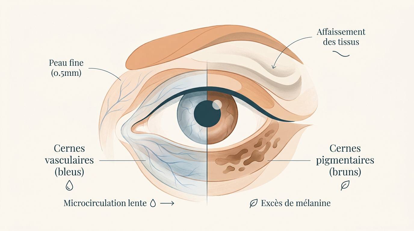 Schéma explicatif des causes des cernes et de la finesse de la peau sous les yeux