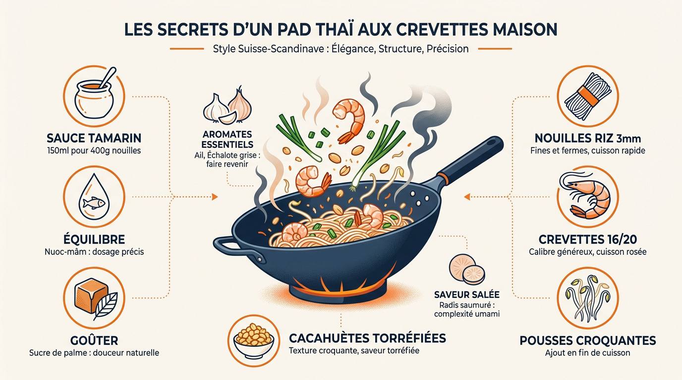 Pad Thaï aux crevettes dans un wok avec citron vert