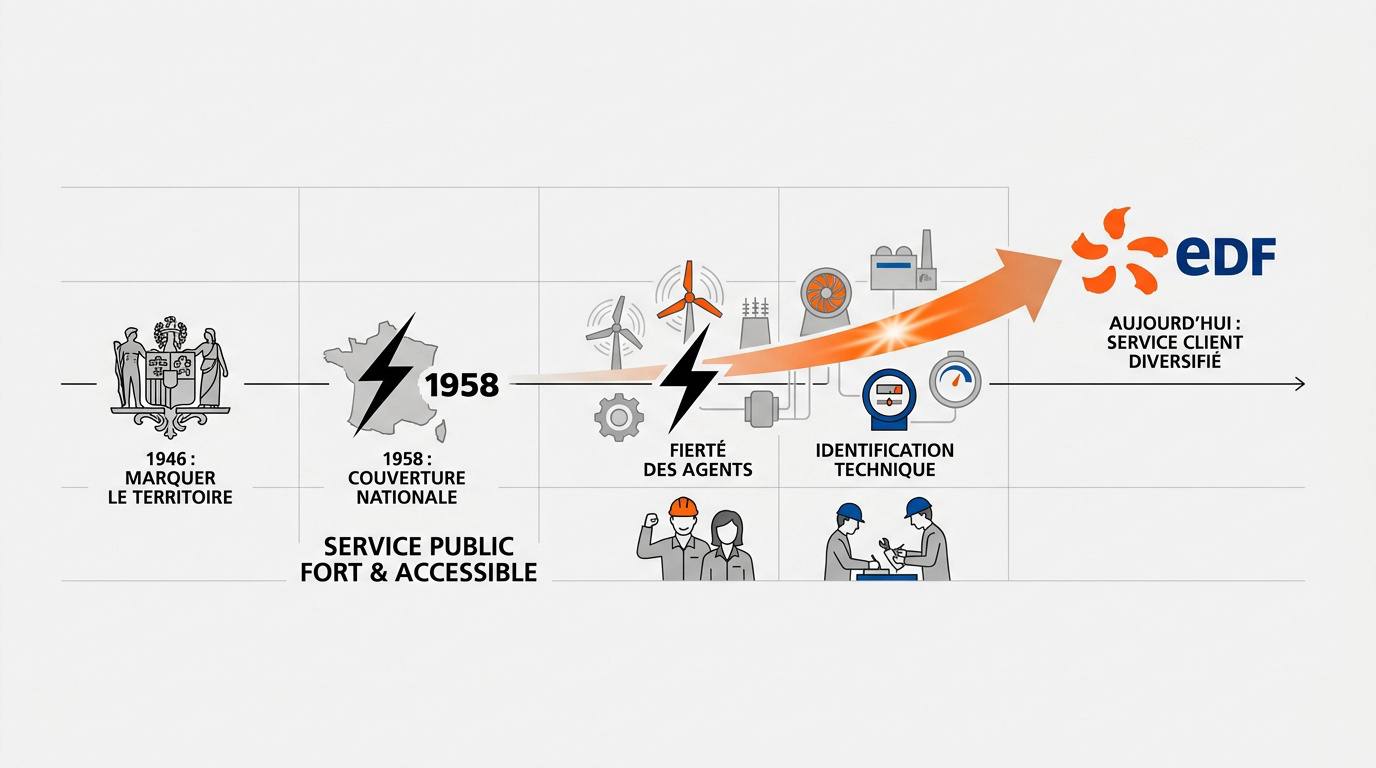 Évolution historique du logo EDF montrant l'éclair noir et le soleil orange actuel