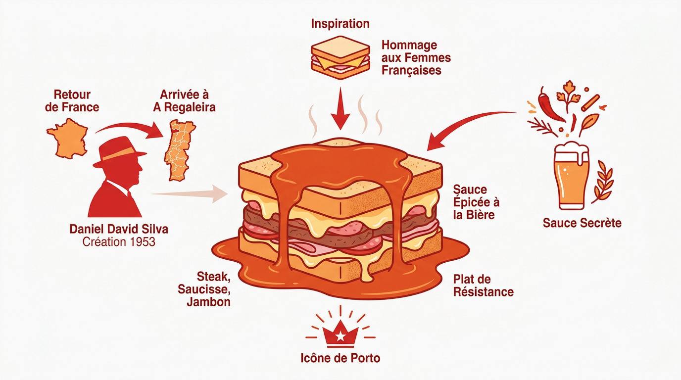 Francesinha traditionnelle de Porto nappée de sauce avec des frites