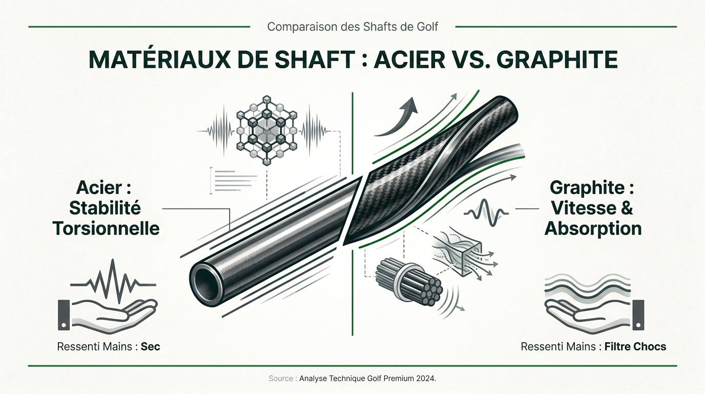 Comparaison technique entre un shaft de golf en acier et un shaft en graphite pour les fers