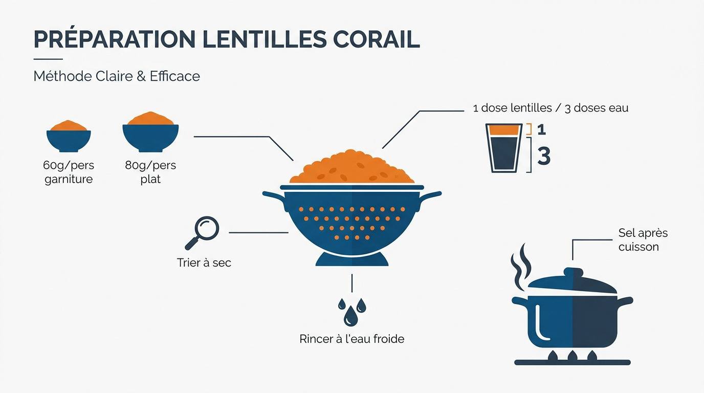 Préparation et rinçage des lentilles corail dans une passoire fine