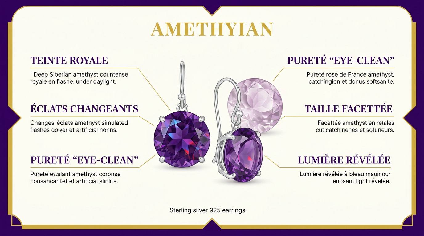 Boucles d'oreilles élégantes en argent 925 serties d'améthystes violettes