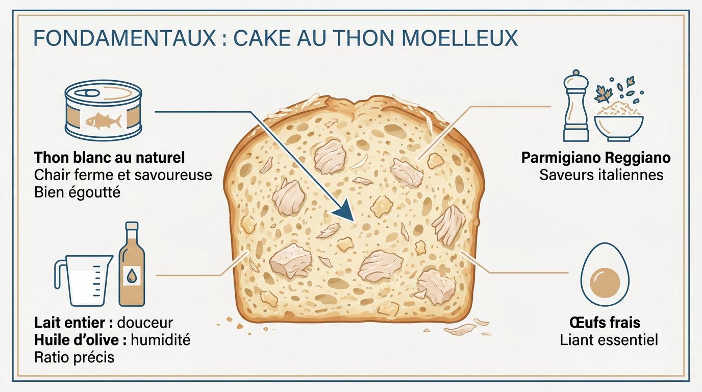 Ingrédients de qualité pour un cake au thon moelleux