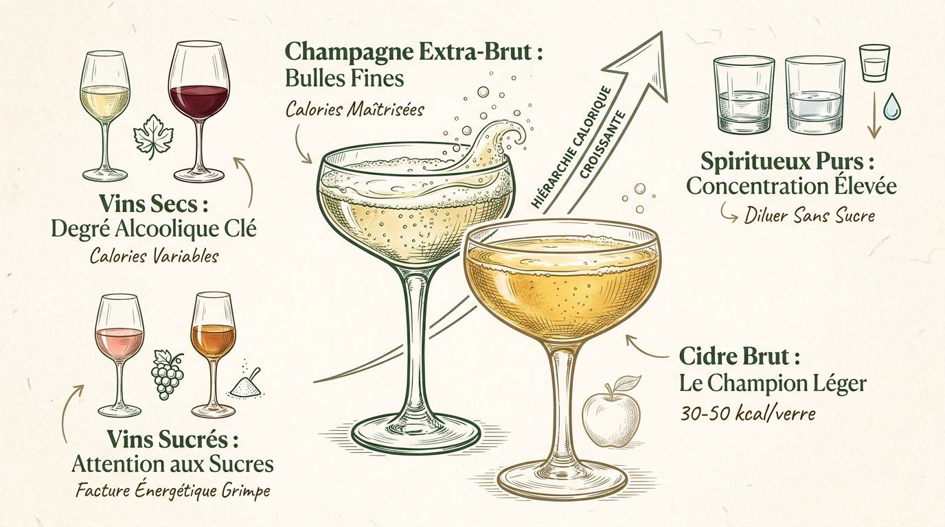Infographie de la hiérarchie calorique des boissons alcoolisées du cidre aux spiritueux