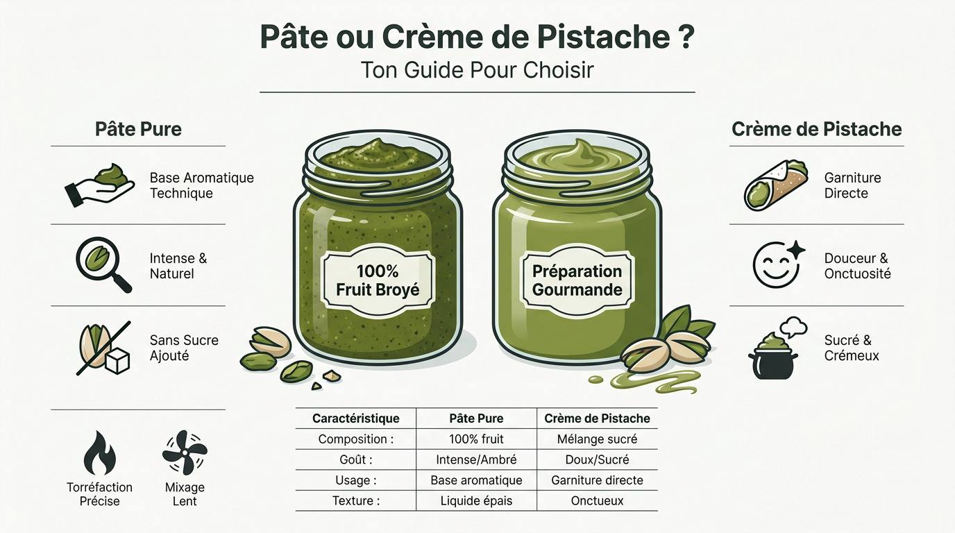 Pâte de pistache pure et crème de pistache onctueuse sur une table de cuisine