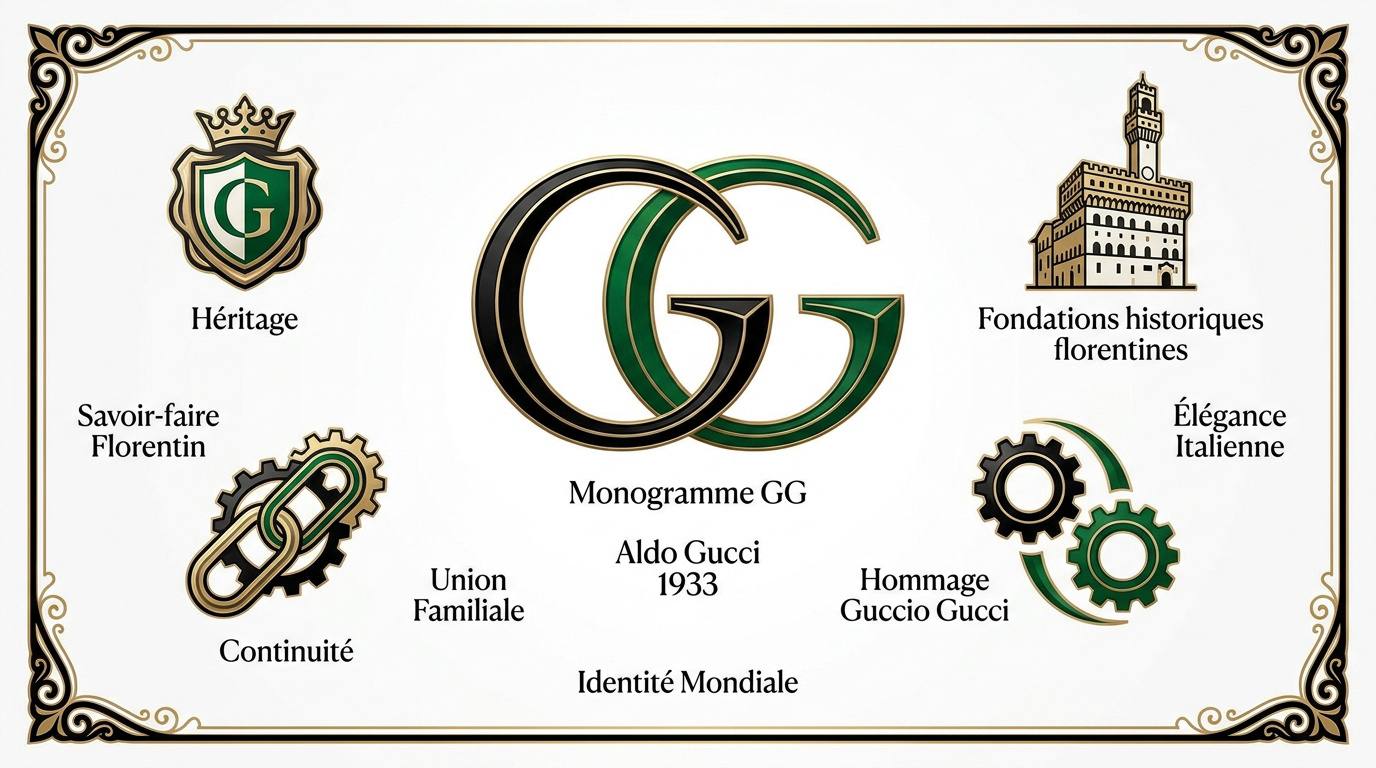 Logo Gucci historique avec les deux G entrelacés symbolisant l'héritage d'Aldo Gucci