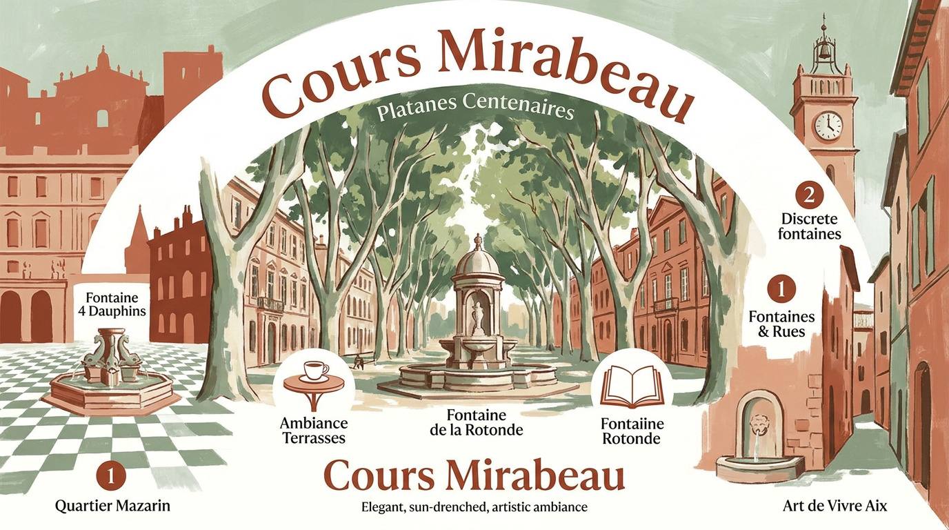 Vue perspective du Cours Mirabeau avec ses platanes et ses fontaines à Aix-en-Provence