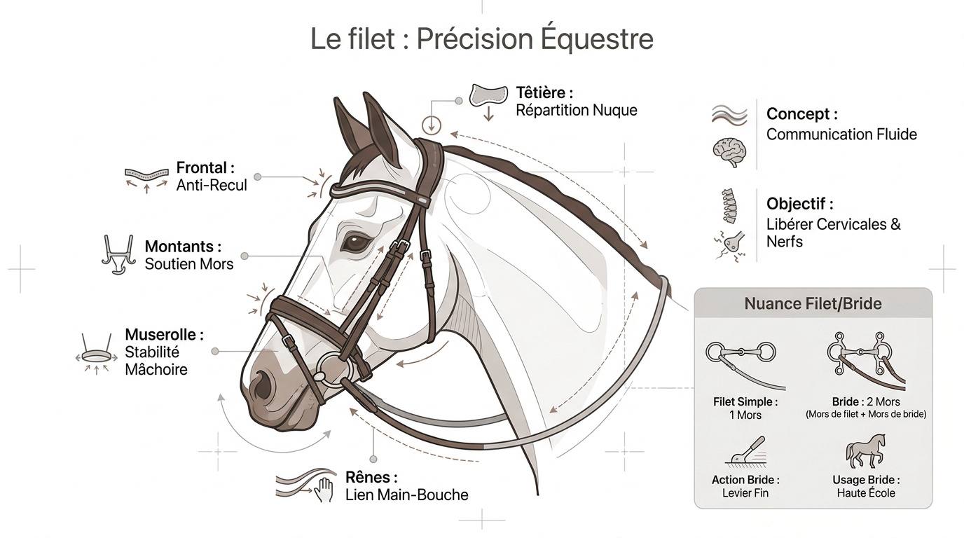 Schéma technique des composants d'un filet pour cheval
