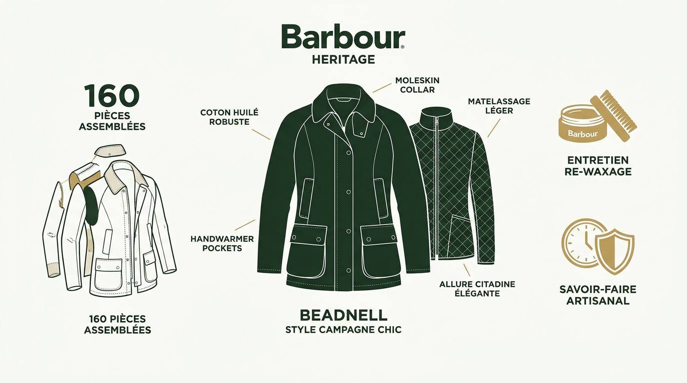 Détail du savoir-faire artisanal et des finitions d'une veste Barbour héritage