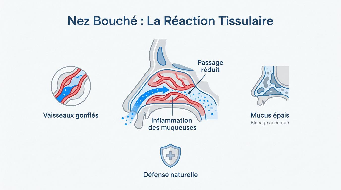 Schéma de la muqueuse nasale enflammée provoquant la congestion
