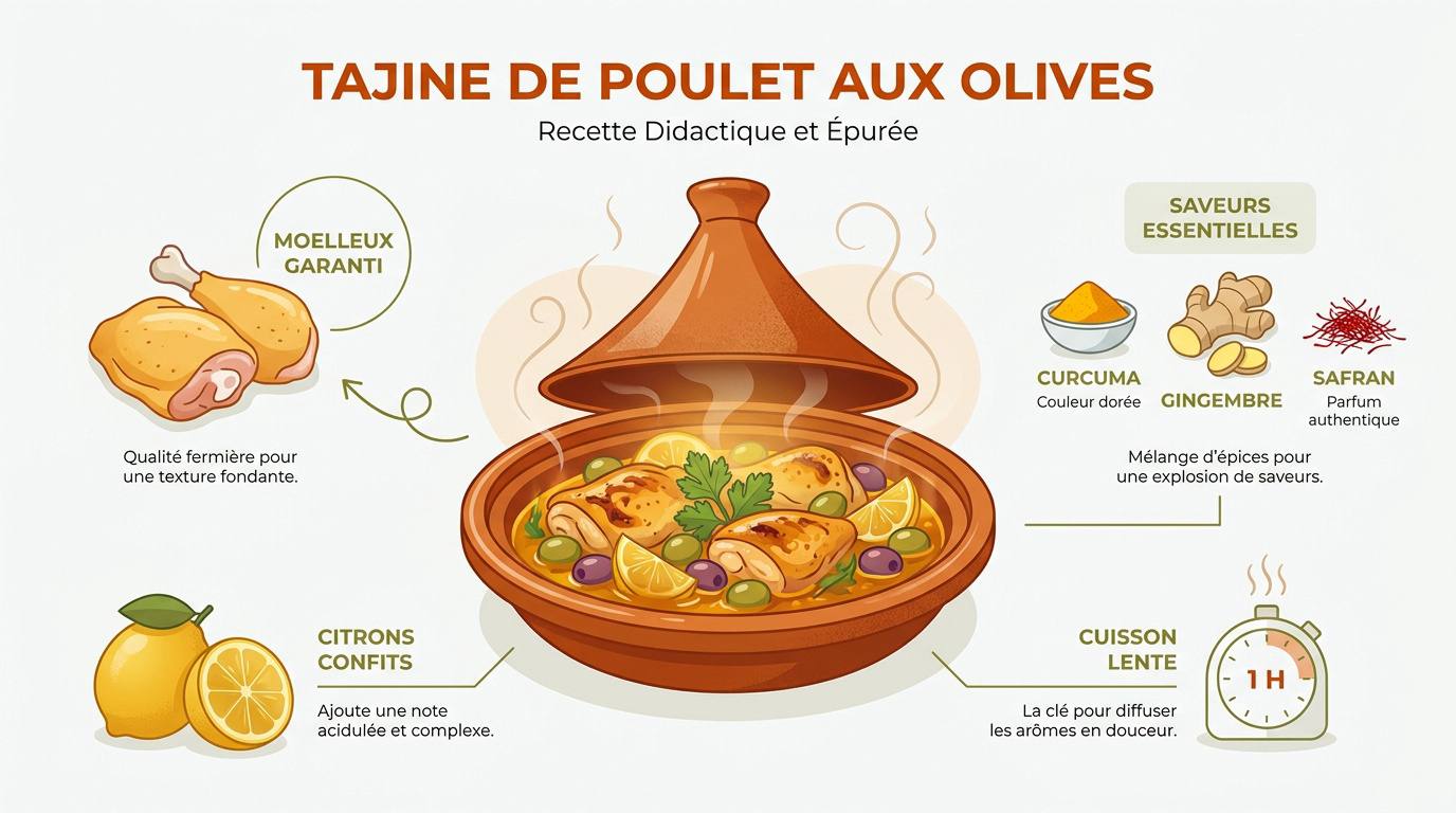 Tajine de poulet aux olives et citrons confits fumant dans un plat en terre cuite