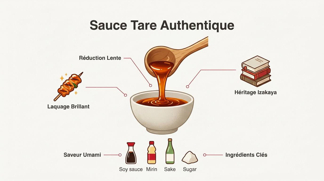 Sauce tare japonaise brillante avec des brochettes yakitori