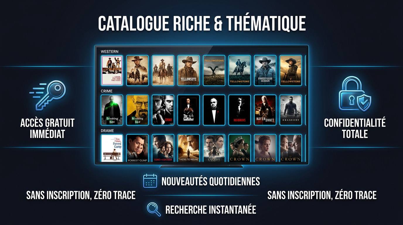 Interface du catalogue de films et séries Koriom en haute définition