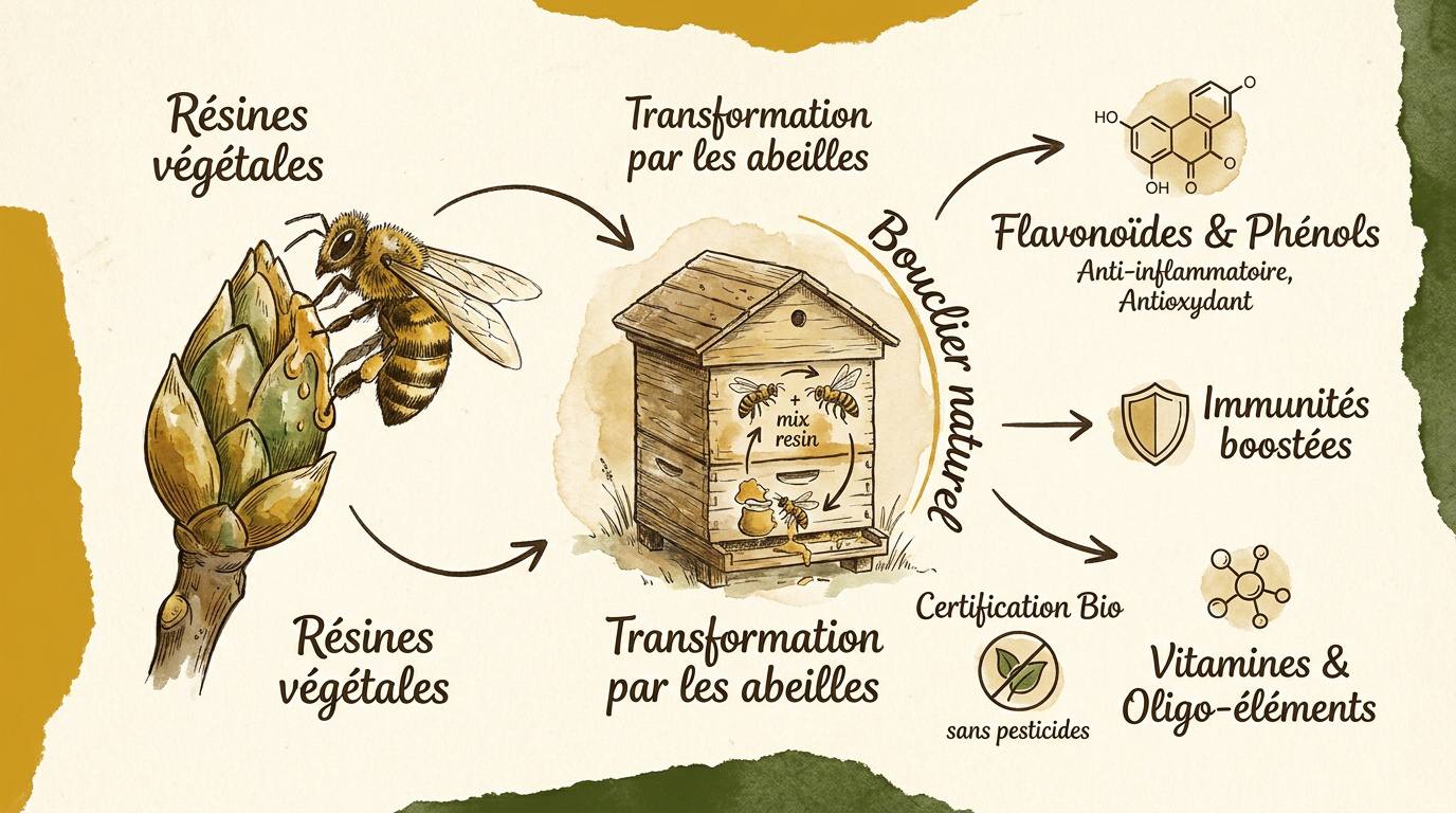 Abeille récoltant de la résine sur un bourgeon pour fabriquer de la propolis