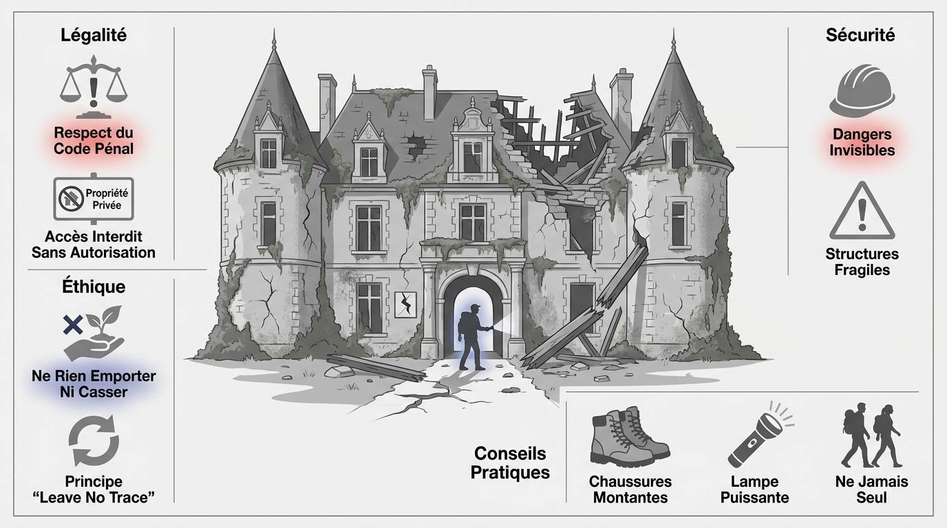 Vue d'un château abandonné en France illustrant les risques de structures instables et les enjeux de sécurité