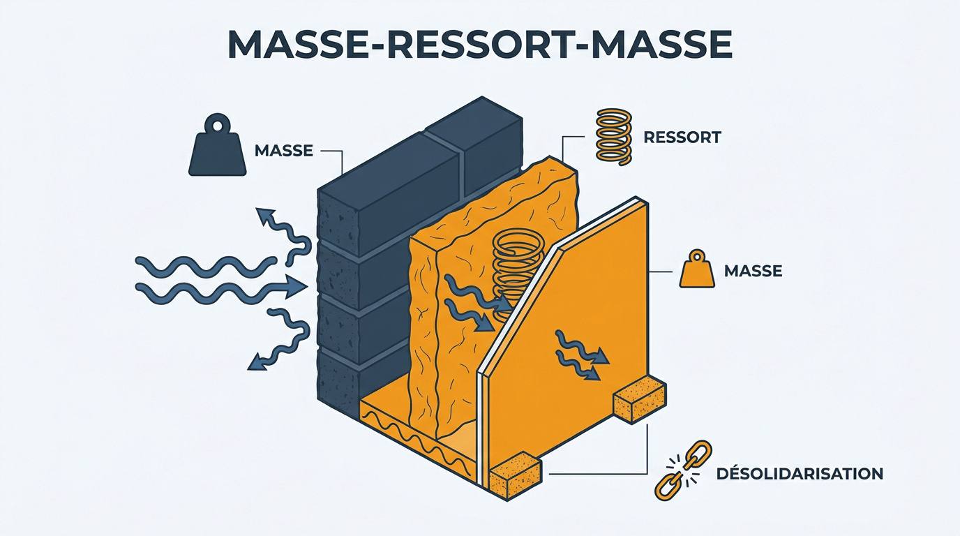 Schéma technique du système masse-ressort-masse pour l'isolation acoustique des murs