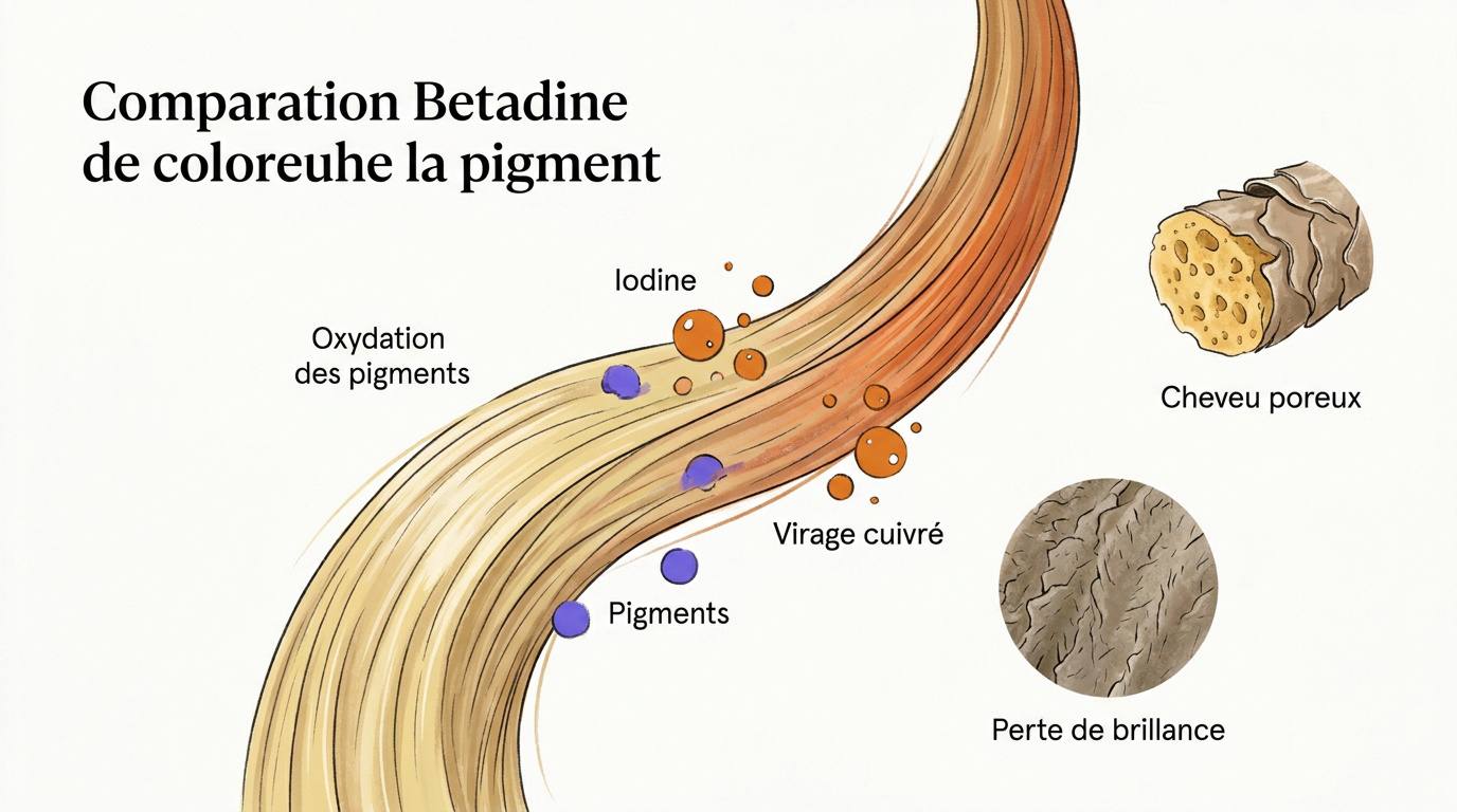 Réaction chimique de la bétadine sur les pigments d'un cheveu coloré