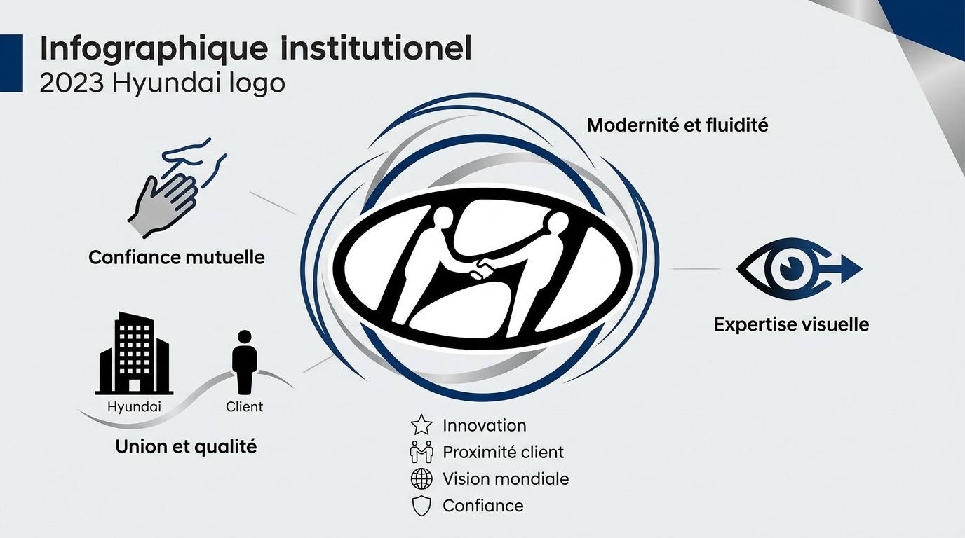 Infographie détaillant la symbolique et l'évolution du logo Hyundai en 2023