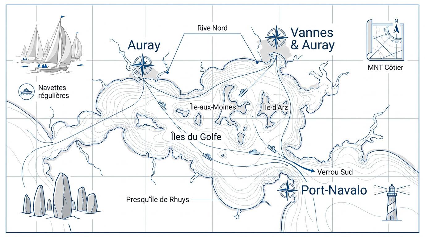Carte du Golfe du Morbihan indiquant Vannes, Auray et le goulet de Port-Navalo